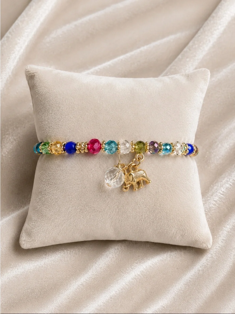 Gold Elephant Charm Multicolor Crystal Stretch Bracelet